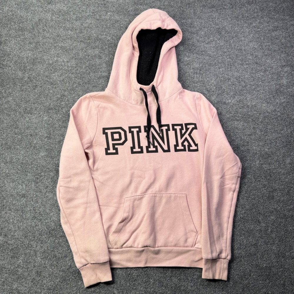 Victorias Secret PINK Hoodie Womens XS Pink Sherpa Lined Pullover Logo